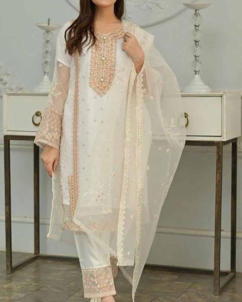 3 Piece Women’s Stitched Organza Embroidered Suit