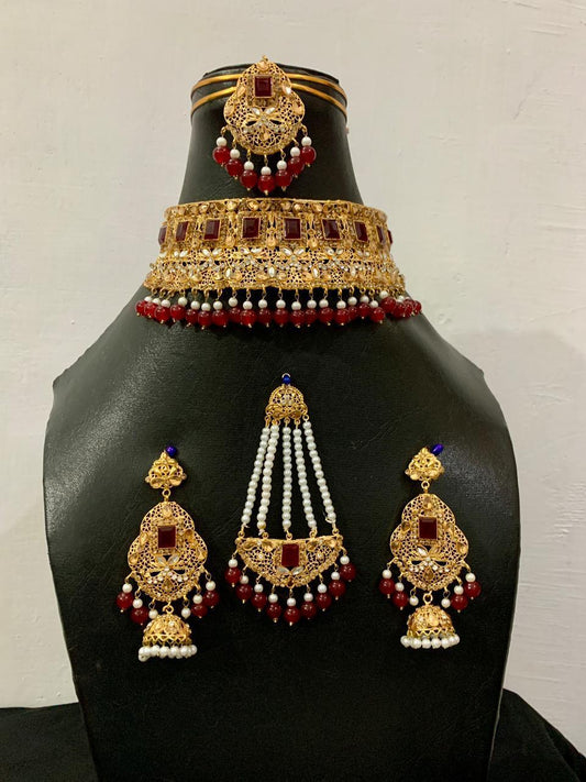 Exquisite Handmade Bridal Choker Set - 5 Pcs Gold Plated Kundan Jewelry in Red