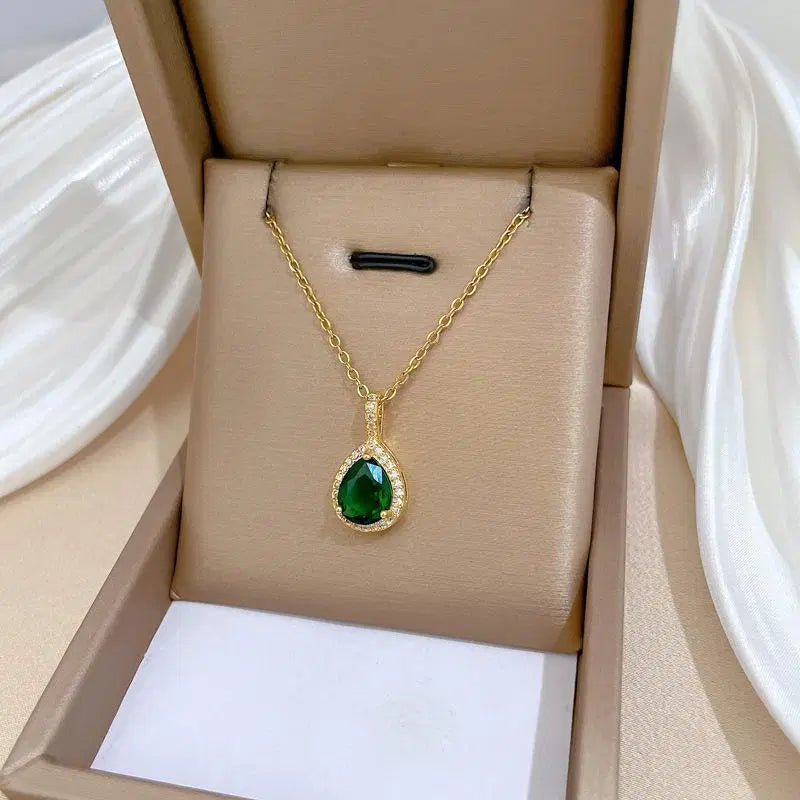 Stunning Green Gemstone Teardrop Pendant Set - 3 Pcs Gold Plated Elegance