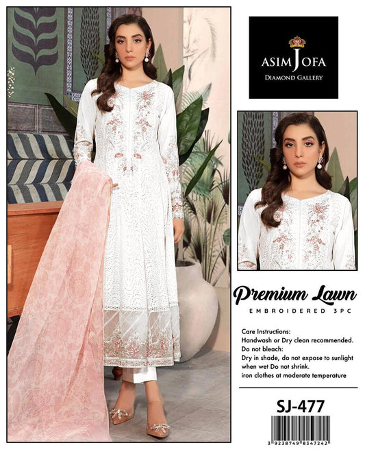 Elegant 3 Pcs Embroidered Lawn Suit - White