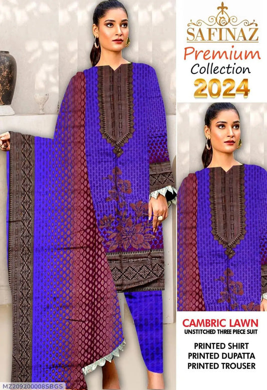 3 Pcs Women's Unstitched Lawn Printed Suit