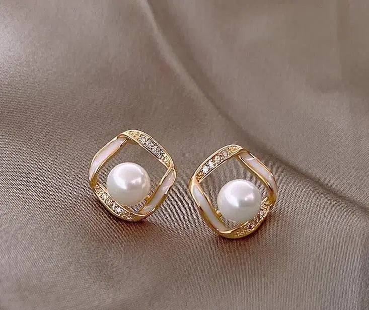 Square Design Gold Plated Pearl Earrings